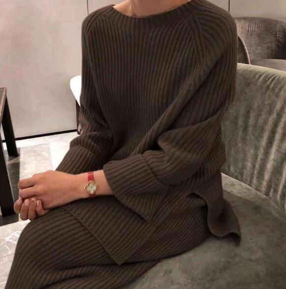 Women Knitted Autumn Winter O-neck Sweater 2 Piece Set  Fashion Solid Ladies Pullover Tops  Wide Leg Pants Home Suit