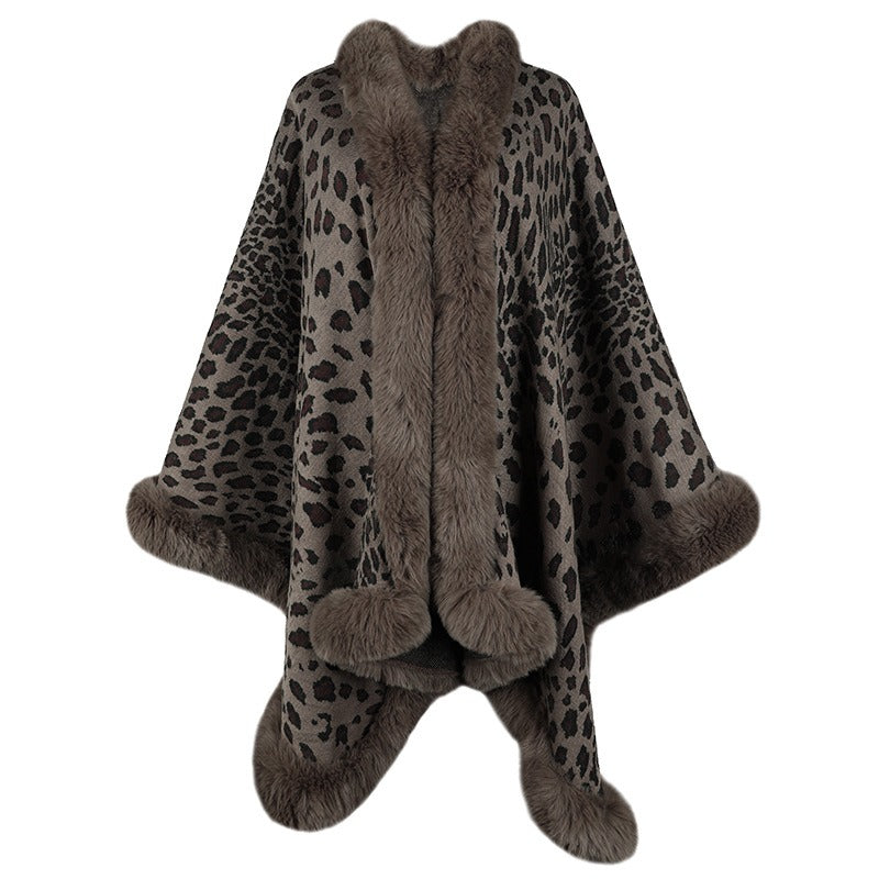 Cardigan cape à col en laine automne et hiver pull cape léopard femme