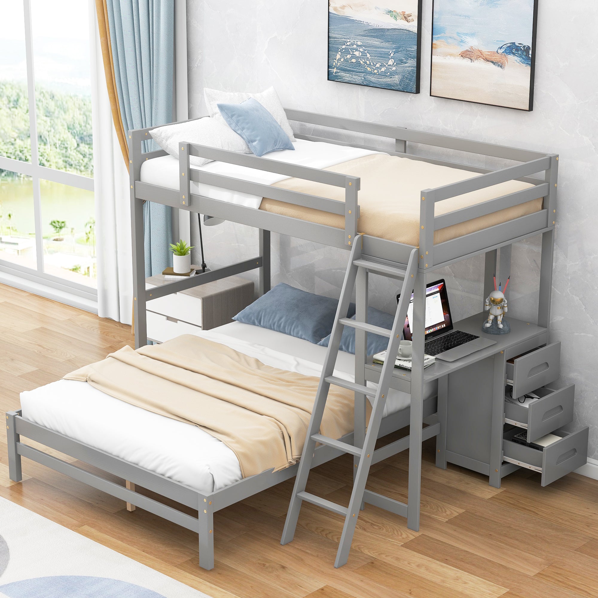 Twin over Full Bunk Bed with Built-in Desk and Three Drawers Grey