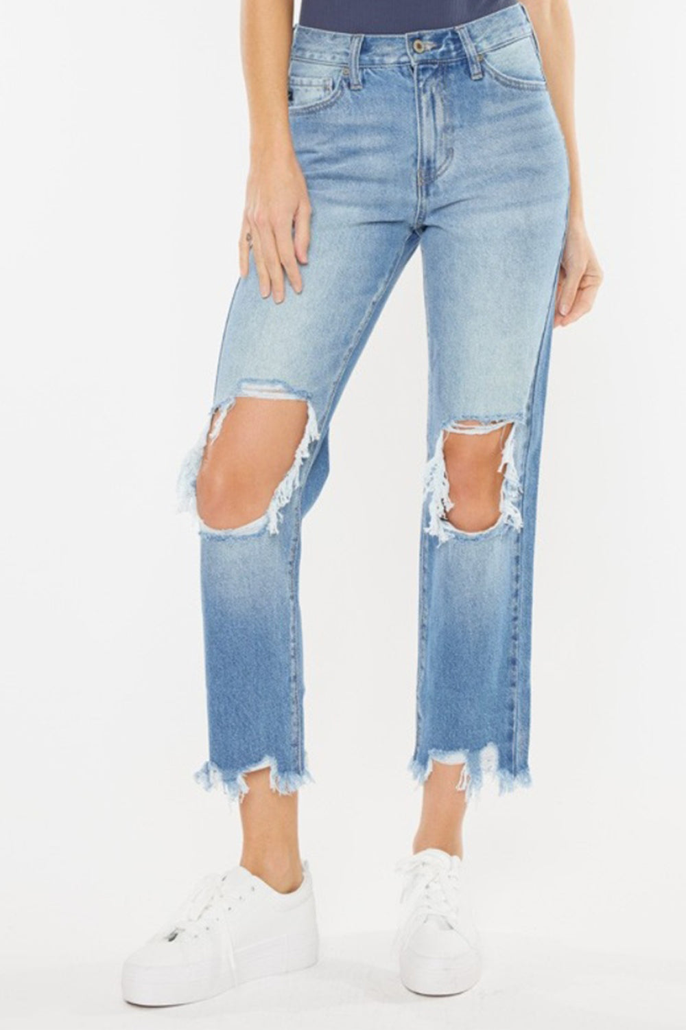 Jeans mom rectos con cintura alta y efecto masticado de Kancan