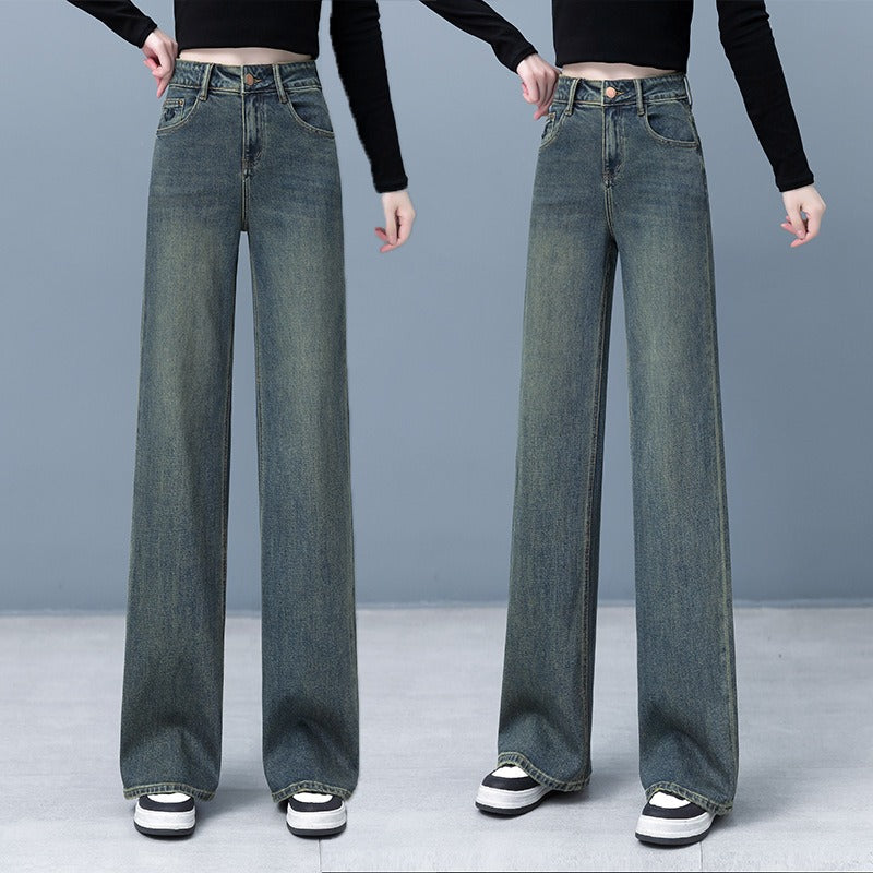 Cement gray straight tube jeans for women's spring and autumn new vintage high waisted slim casual narrow version wide leg pants