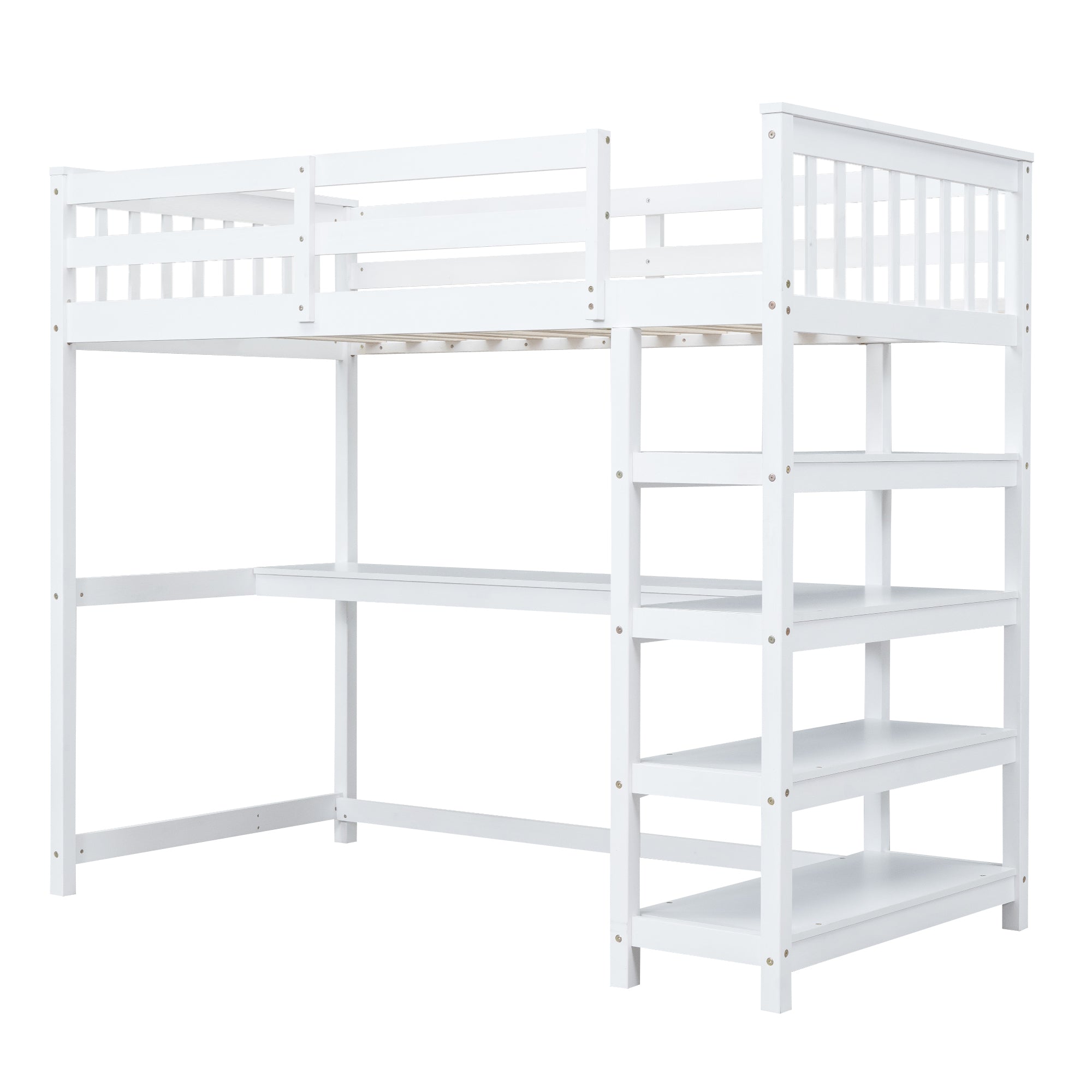 Twin Size Loft Bed with Storage Shelves and Under-bed Desk  White