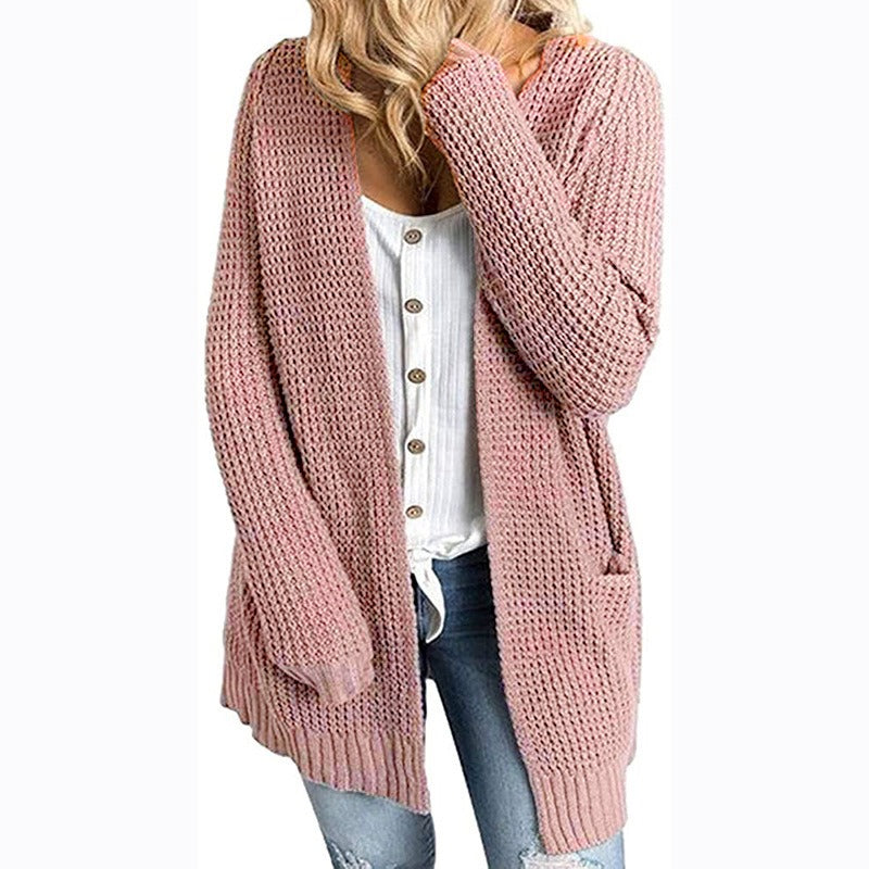 Pull tricoté pour femme, pull à poche de couleur unie, veste cardigan pour femme