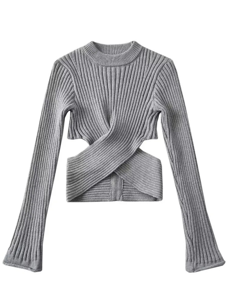 Suéter de punto de moda para mujer, cuello redondo, manga larga, ajustado, con abertura en la cintura cruzada, suéter de primavera 