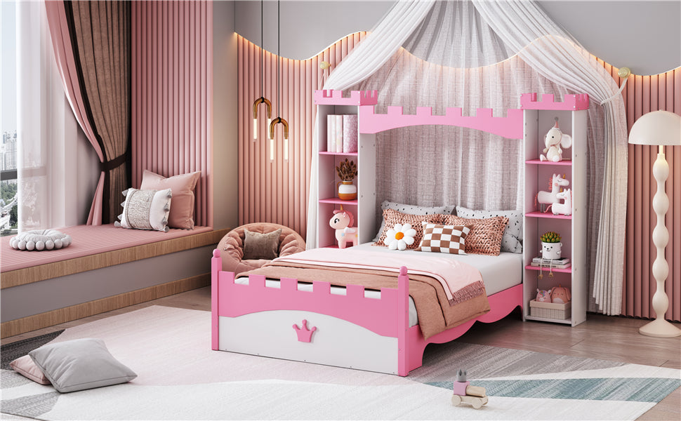 Castle-Shaped Wooden Bed with Storage Shelf, Dreamy Twin Size Platform Bed for Kids Bedroom, White + Pink