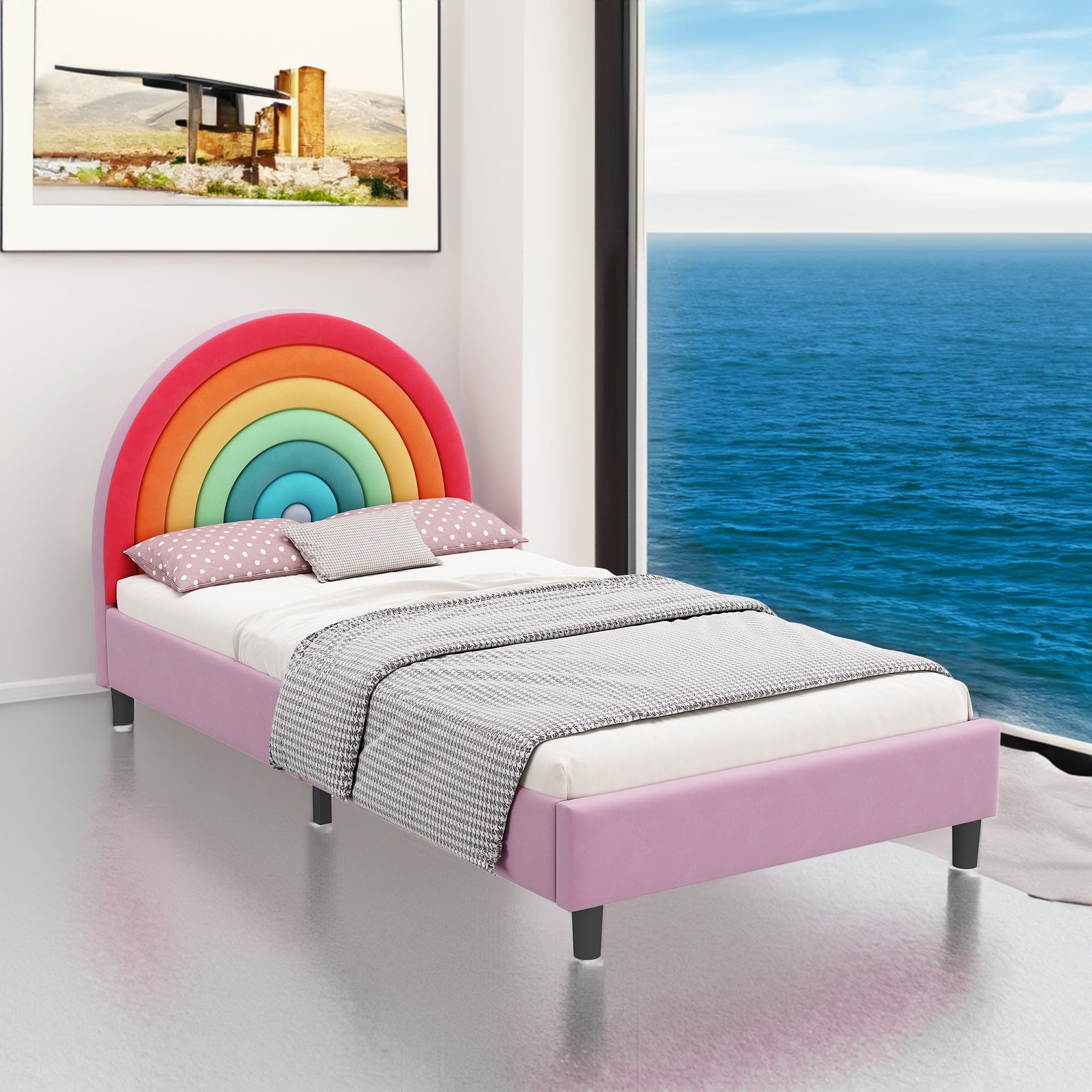 Lit plateforme double rembourré au design arc-en-ciel Lit princesse de style mignon pour garçons et filles, adolescents, coloré et rose