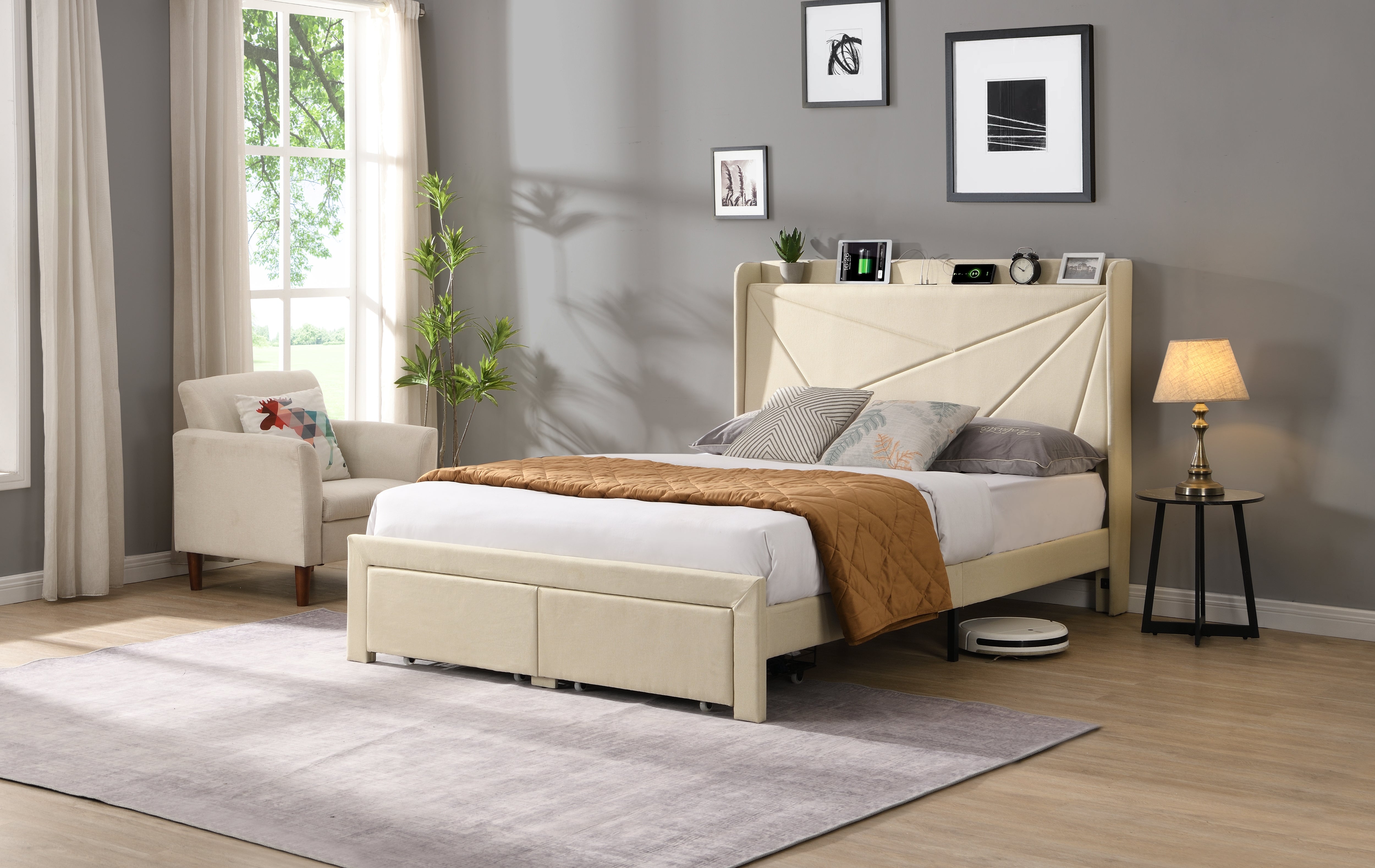 Full Size Bed Frame with 2 Storage Drawers Upholstered Bed Frame Beige