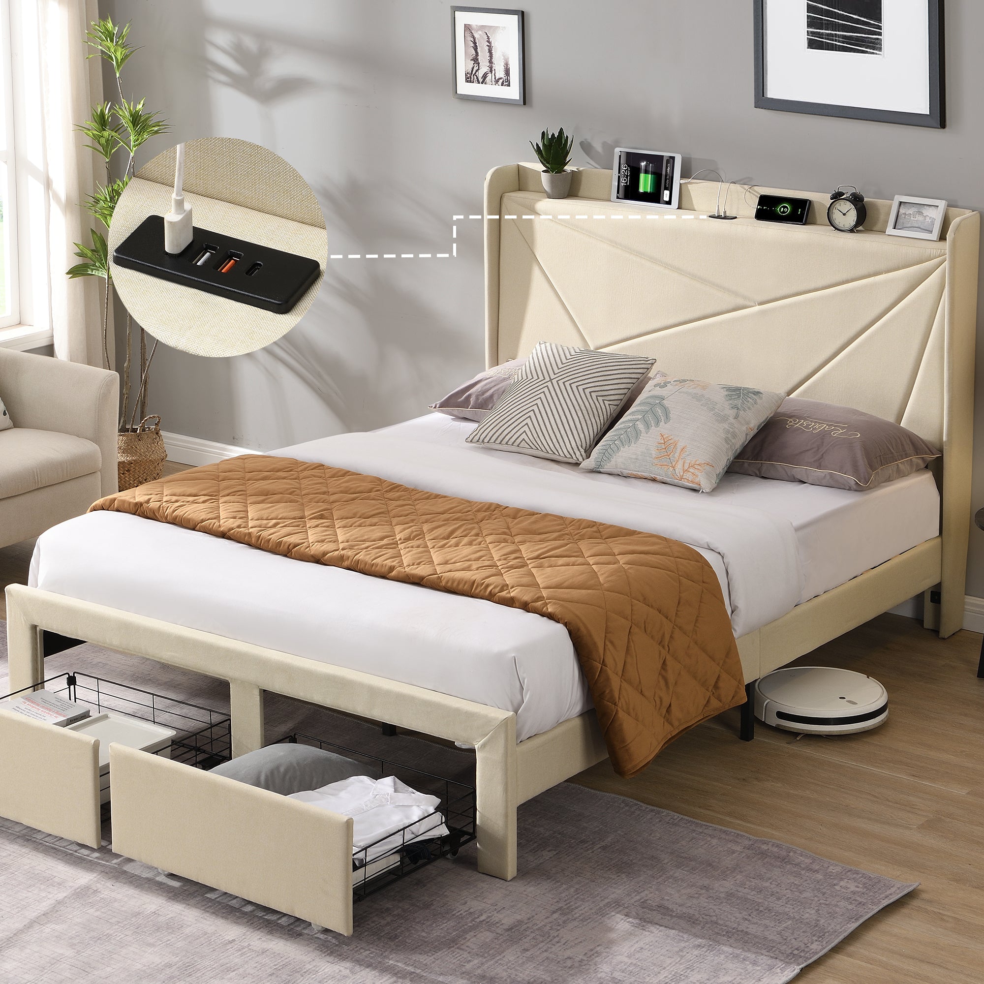 Full Size Bed Frame with 2 Storage Drawers Upholstered Bed Frame Beige