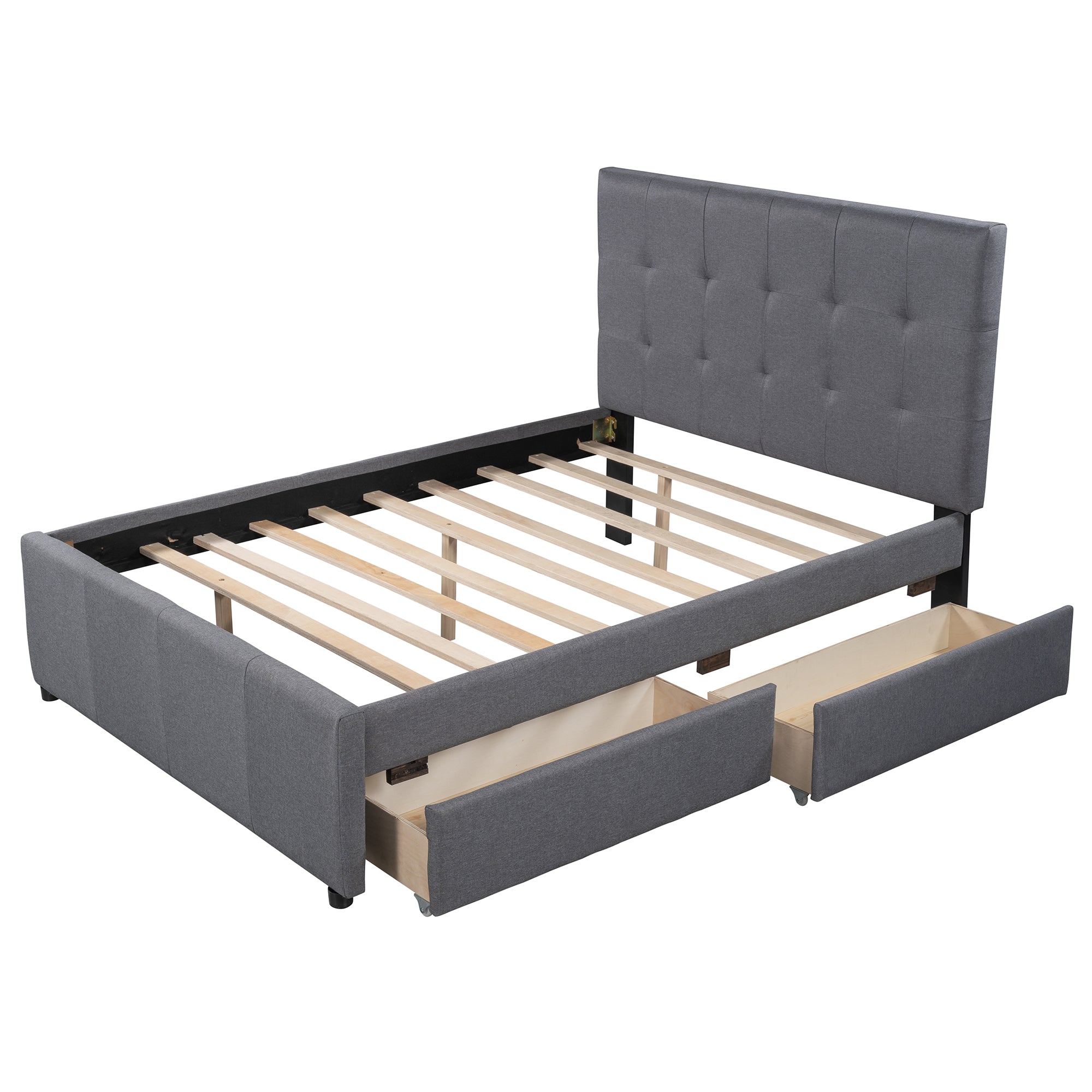 Linen Upholstered Platform Bed With Headboard and Two Drawers Full