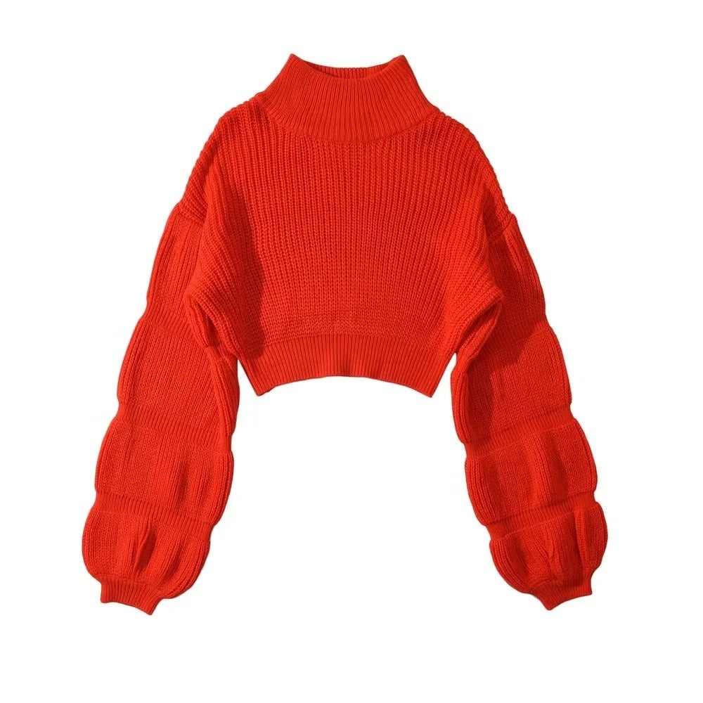 Autumn and winter Spice Girl turtleneck puffed sleeve chunky sweater women solid color loose long sleeve