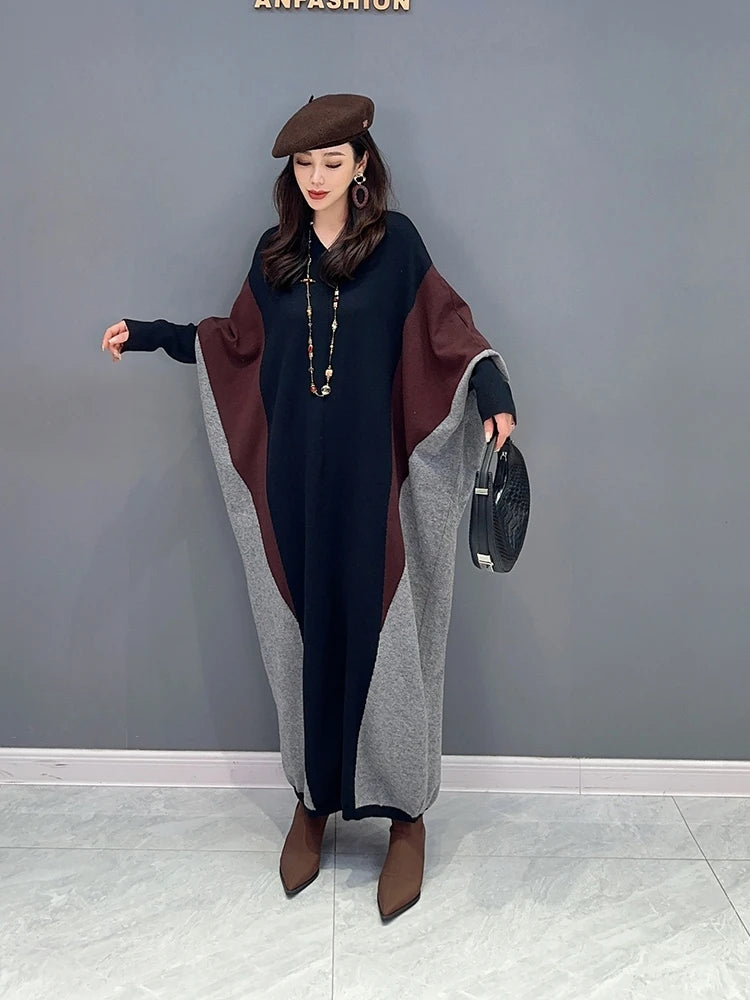 Autumn Bat Sleeve Color Matching Oversize Loose Fashion Women Clothing Sweater Dress