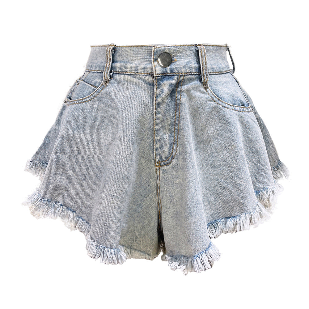 New European And American Denim Shorts Women's Ripped High Waist Loose Tassel Jeans