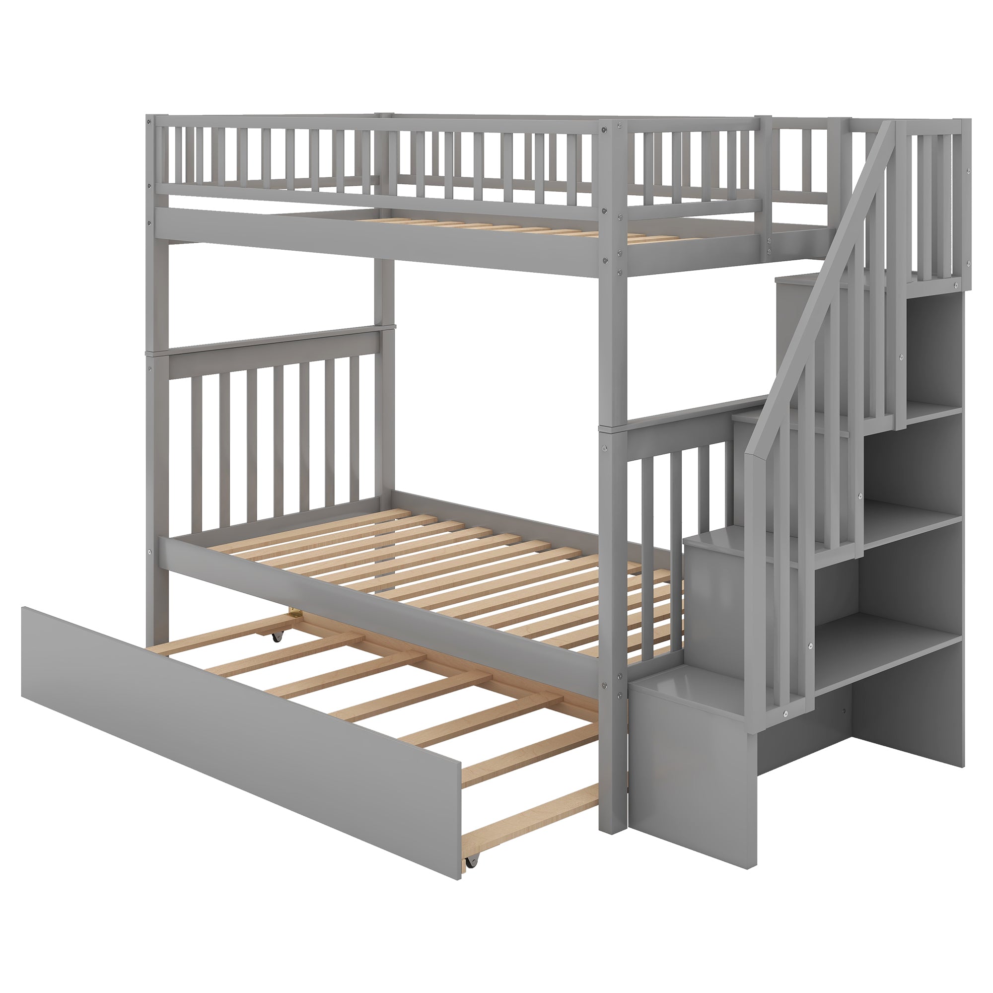 Twin over Twin Bunk Bed with Trundle and Storage  Gray