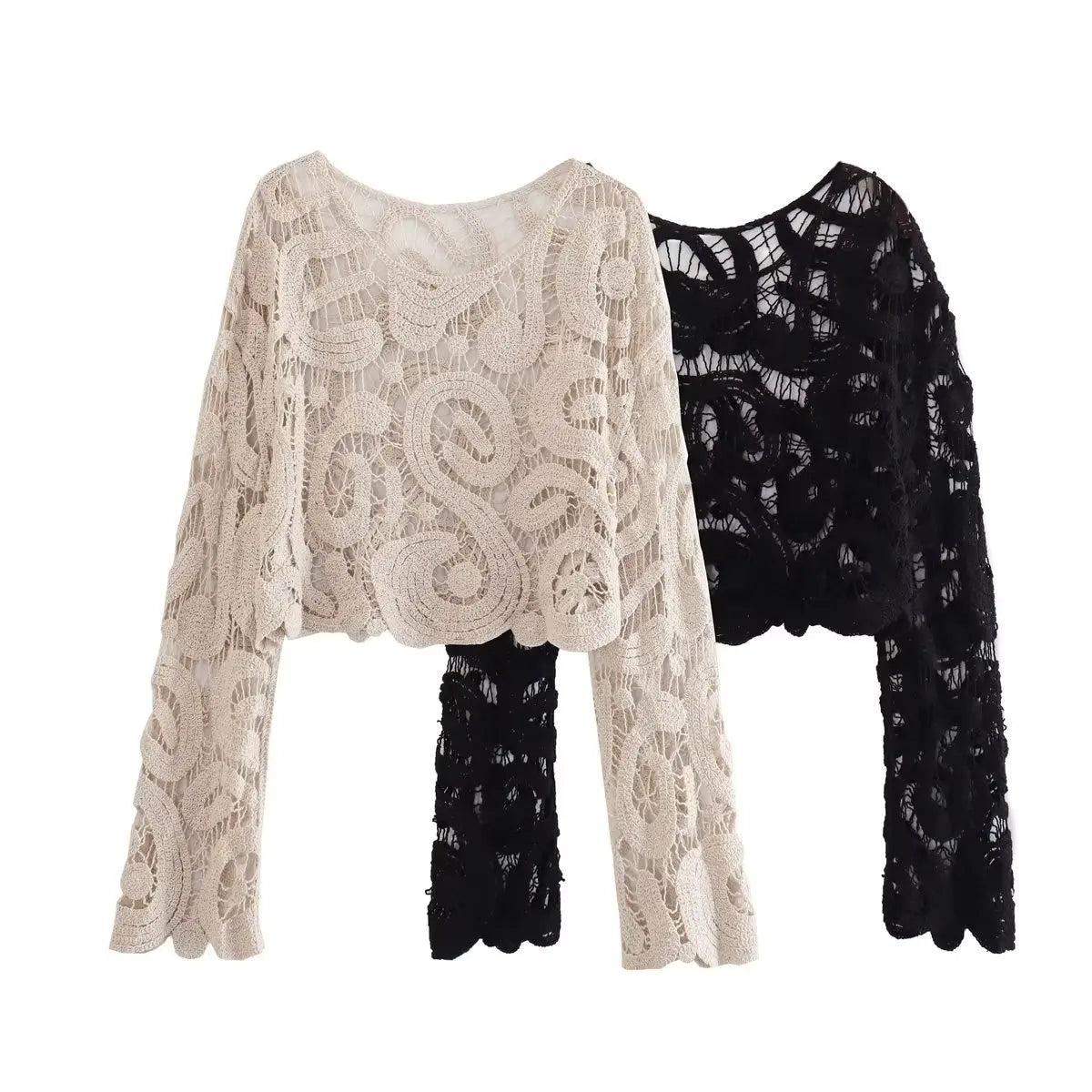 Crochet Knitted Hollow Out Blouses Long Sleeve Crop Tops