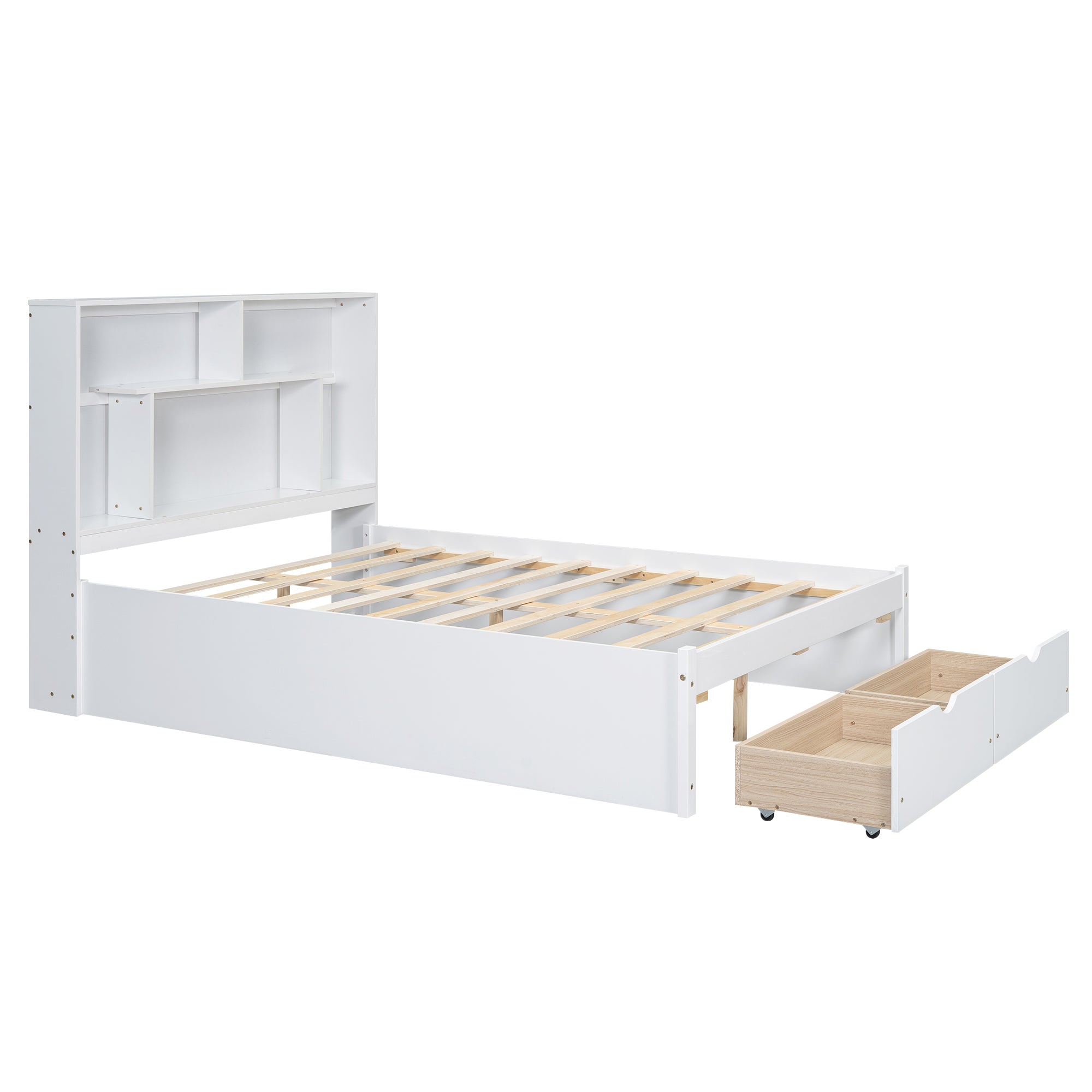 Cama de plataforma de tamaño completo con cabecera con espacio de almacenamiento y 2 cajones, color blanco