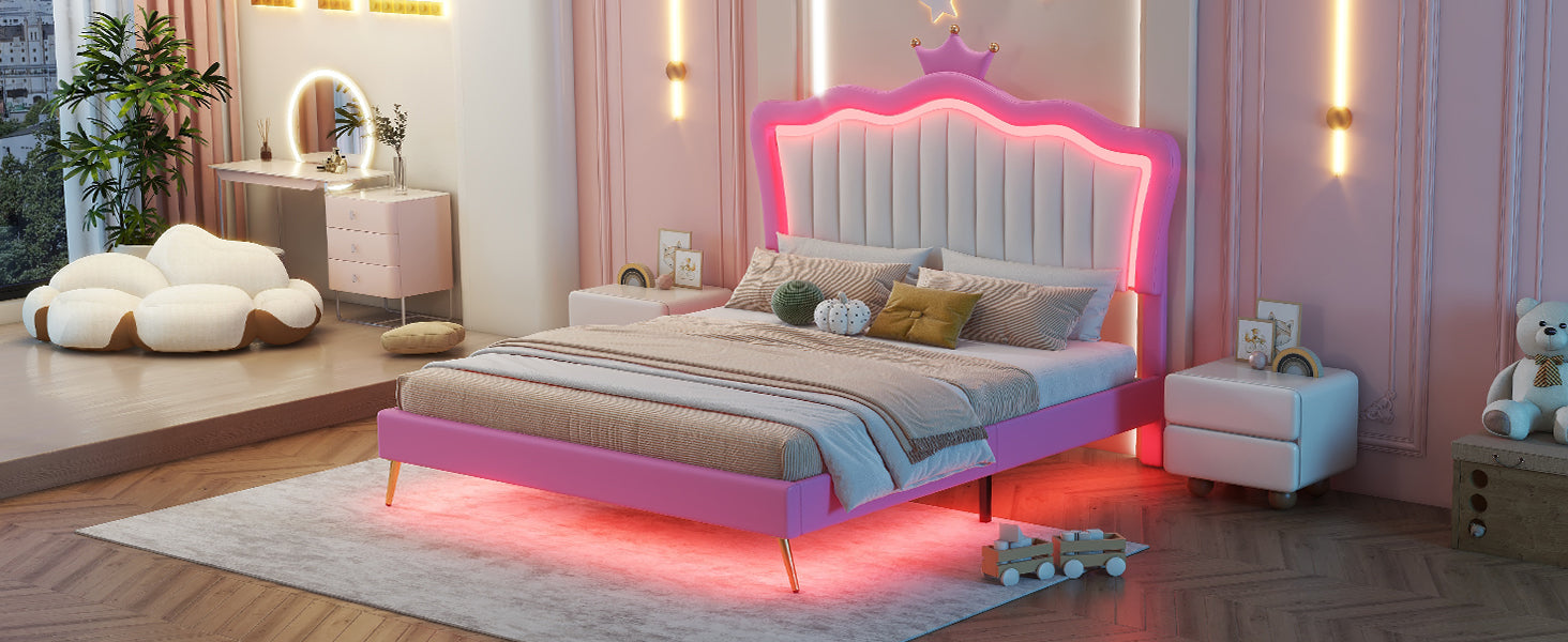 Cadre de lit rembourré pleine grandeur avec lumières LED, lit de princesse rembourré moderne avec tête de lit couronne, rose + blanc