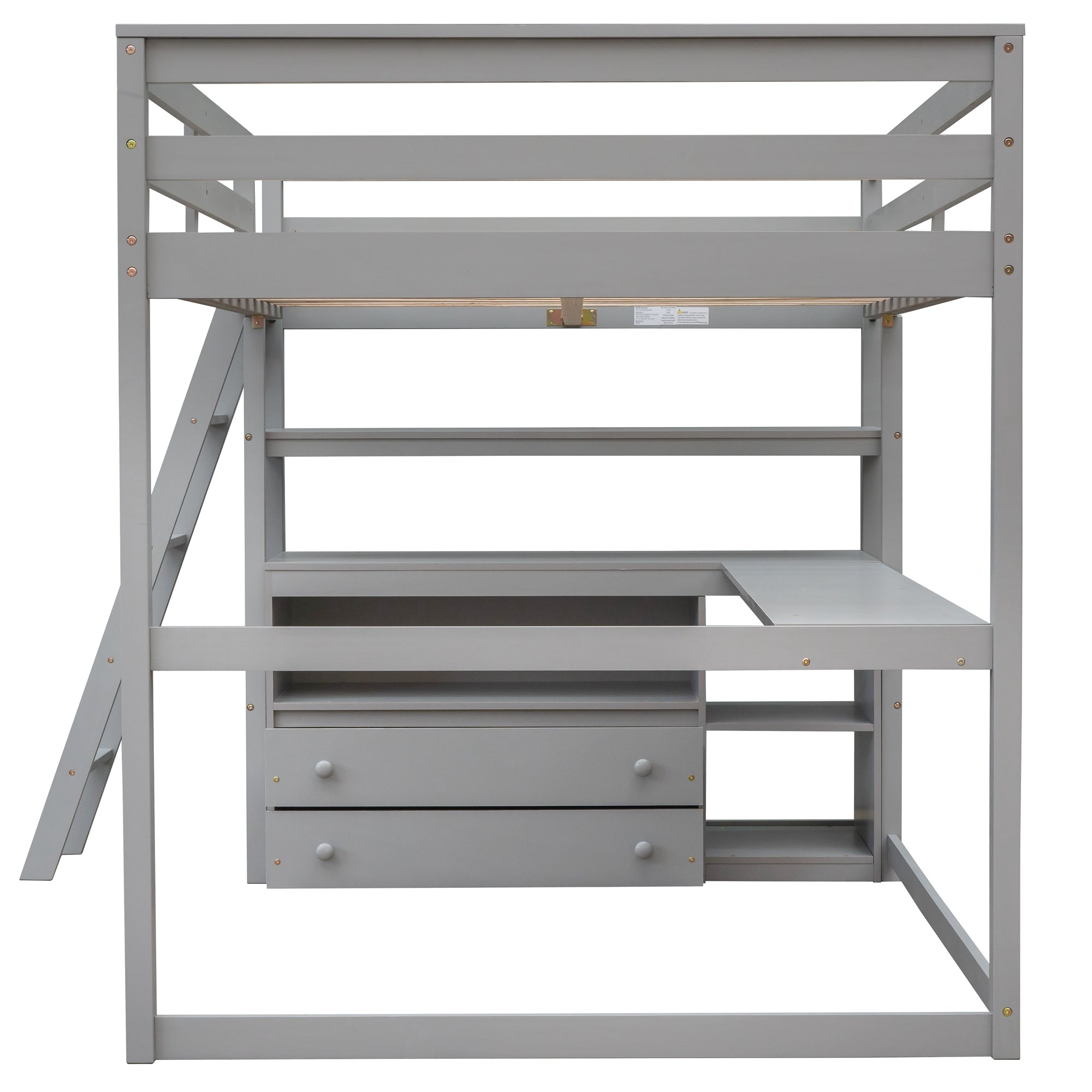 Full Size Loft Bed with Desk and Shelves,Two Built-in Drawers Gray