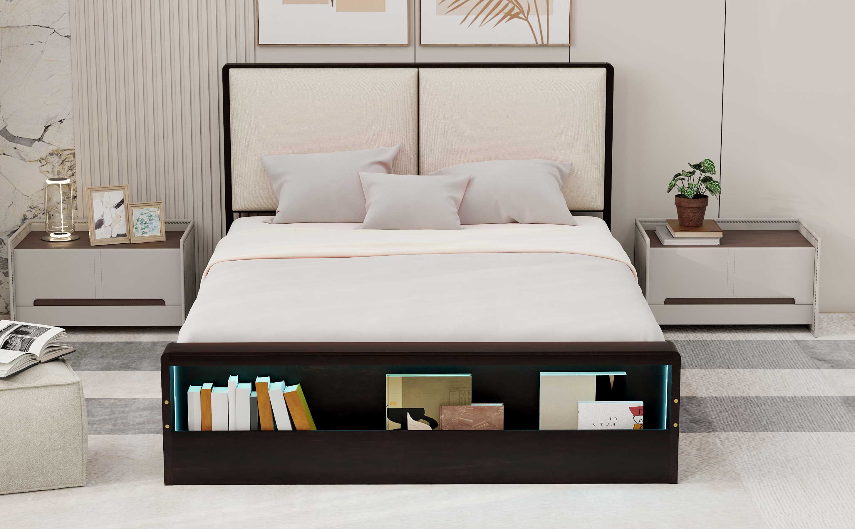 Queen Size Platform Bed Frame with Upholstery Headboard and Bookshelf in Footboard and LED Light Strips, Espresso