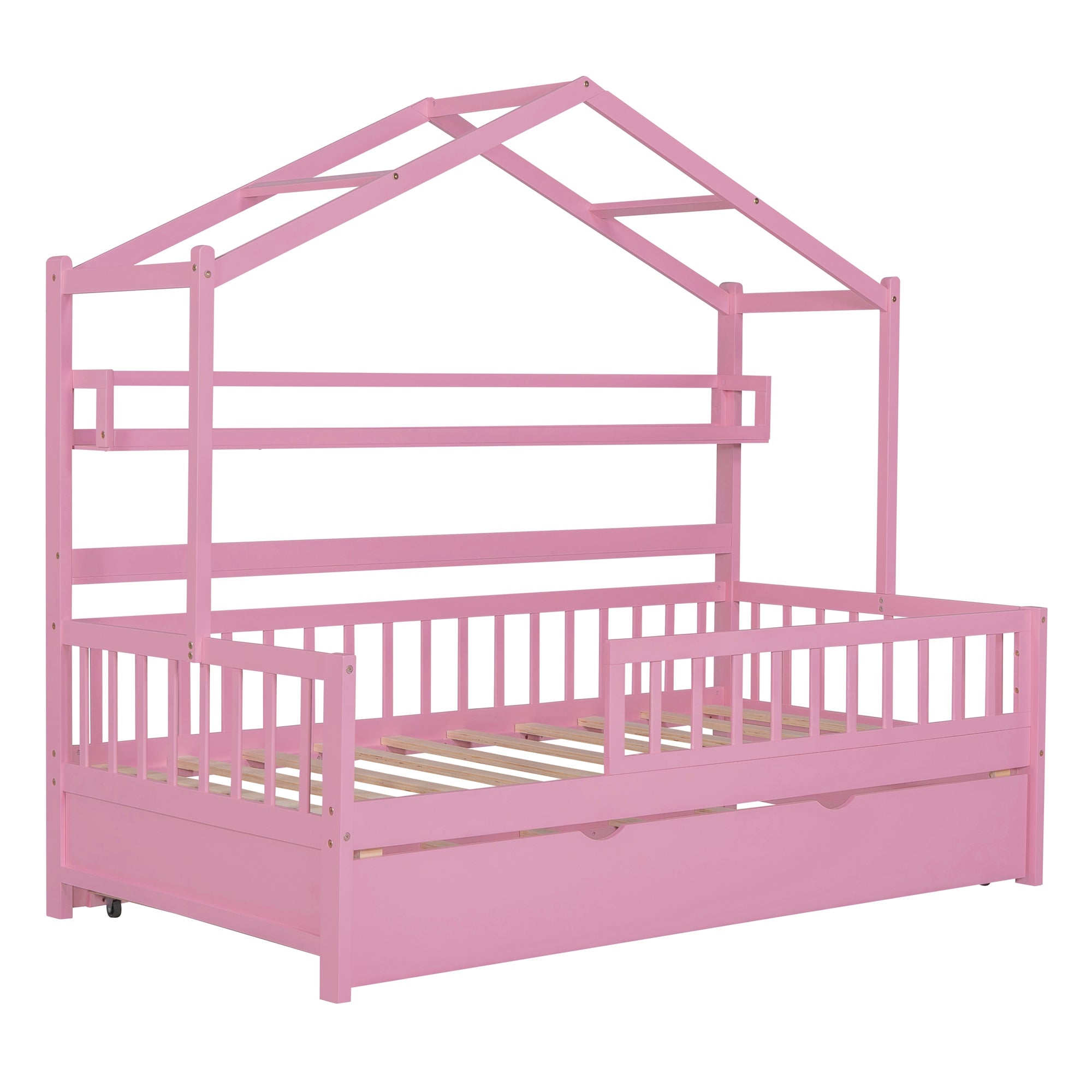 Wooden Twin Size House Bed with Trundle Kids Bed with Shelf Pink