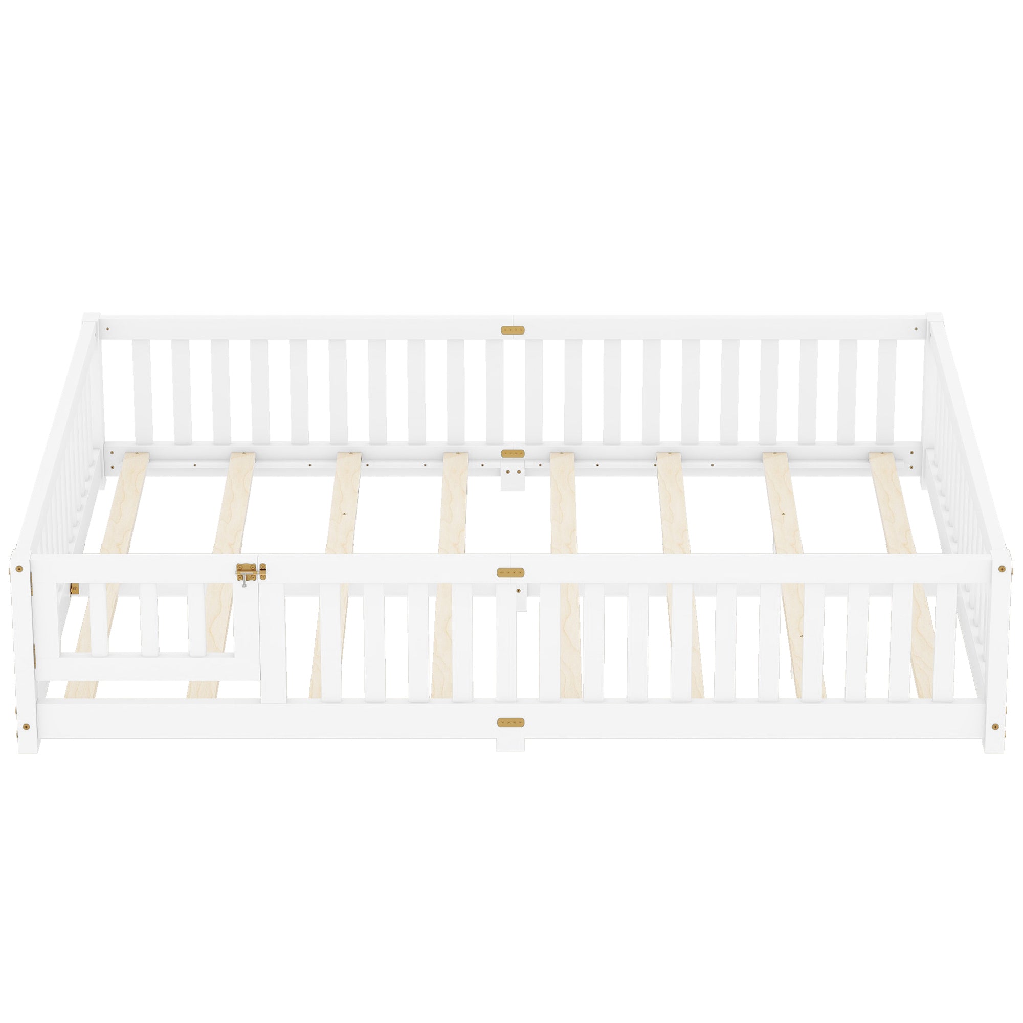 Queen Size Bed Floor Bed with Safety Guardrails and Door for Kids, White