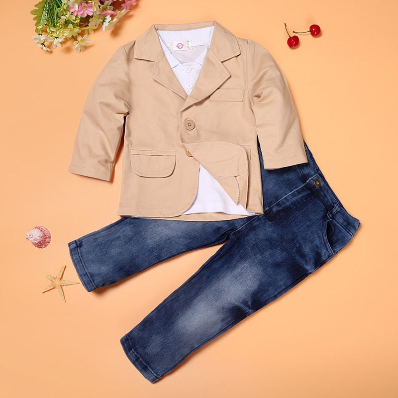 Ensemble de vêtements pour garçons d'arrivée 3 pièces veste + T + jean costumes amples de style européen pour enfants vêtements pour enfants