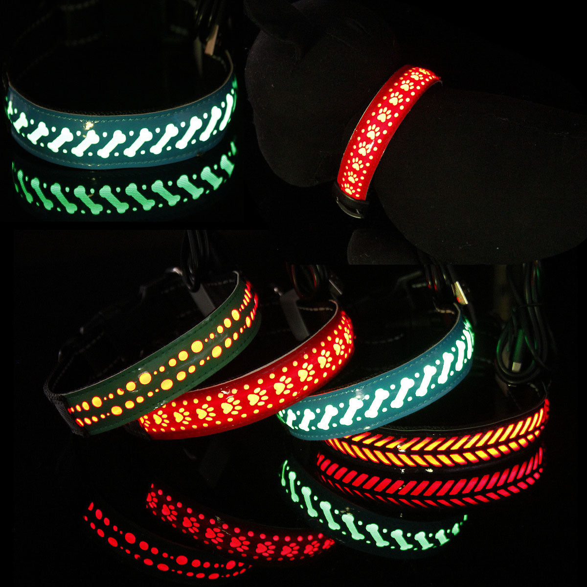 Collar para mascotas con luz LED, recargable, de cuero tallado