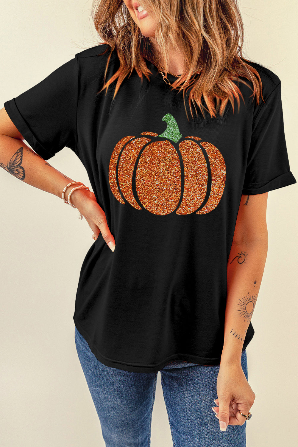 Camiseta de manga corta con cuello redondo y calabaza con purpurina