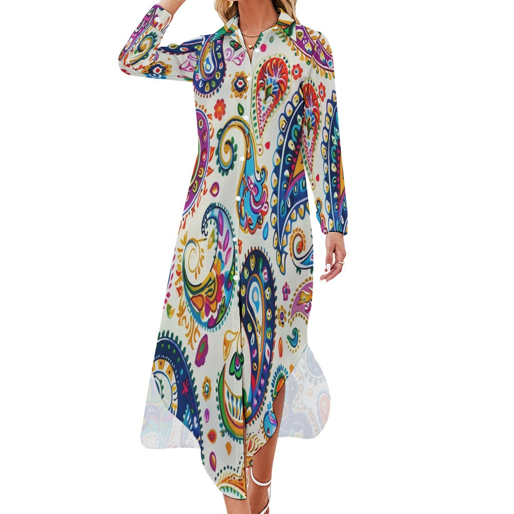 Qreatrz Multi Print and Solid Button Neck Long Sleeve Shirt Dress