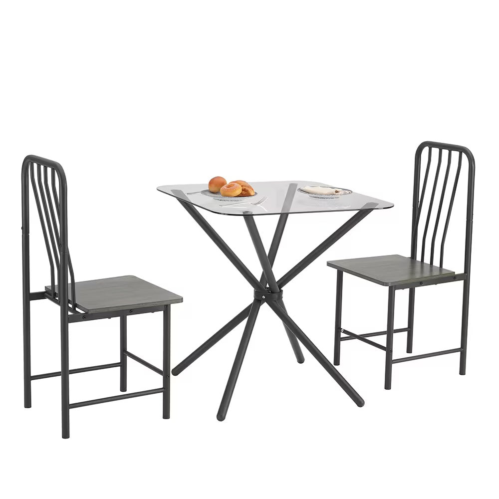 Ensemble de salle à manger pour 2 personnes, table à manger carrée en verre trempé avec 4 pieds et 2 chaises en métal