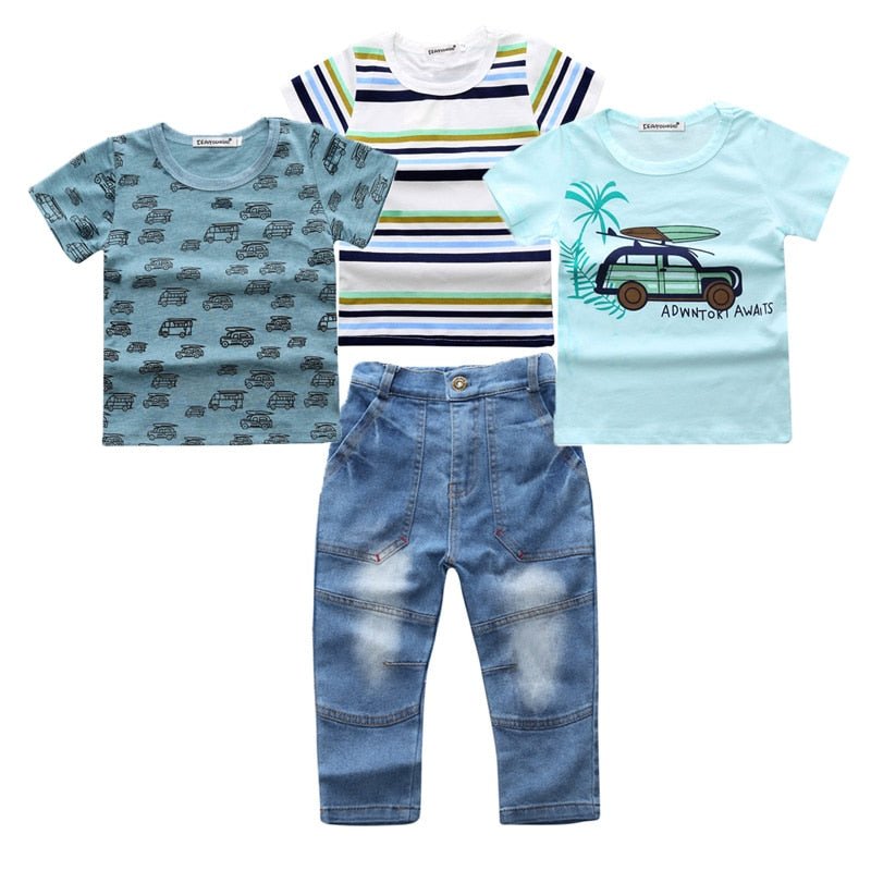 4Pcs Boys Clothes Sets Summer Children Clothing Baby Boy Sport Suit T-shirt+Jeans Costume For Kids - Qreatrz Fashion and Design LLC