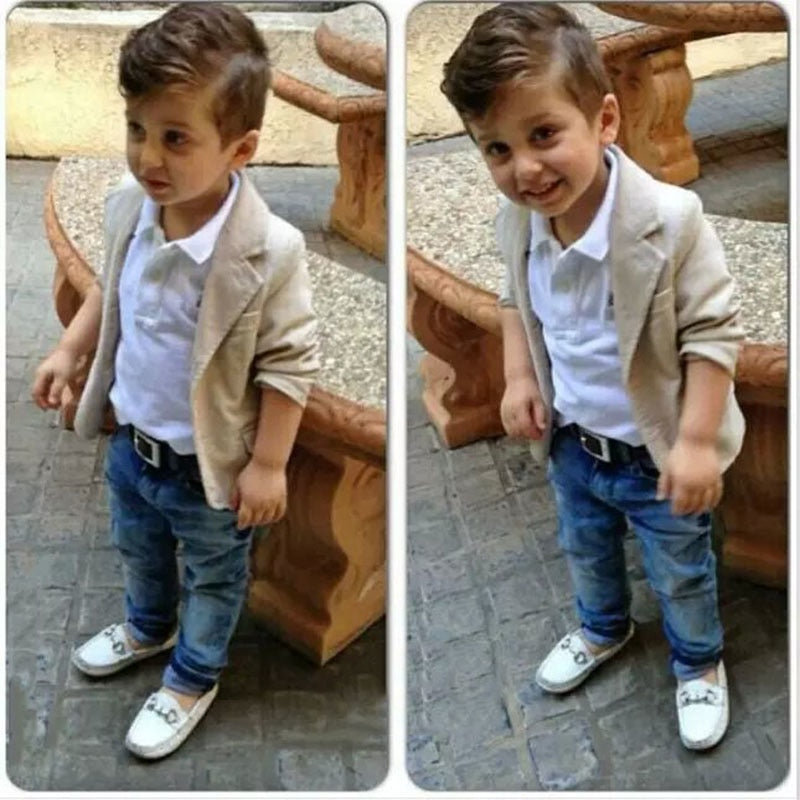 Conjunto de ropa para niños de 3 piezas, chaqueta + camiseta + jeans, disfraces holgados de estilo europeo para niños, ropa para niños