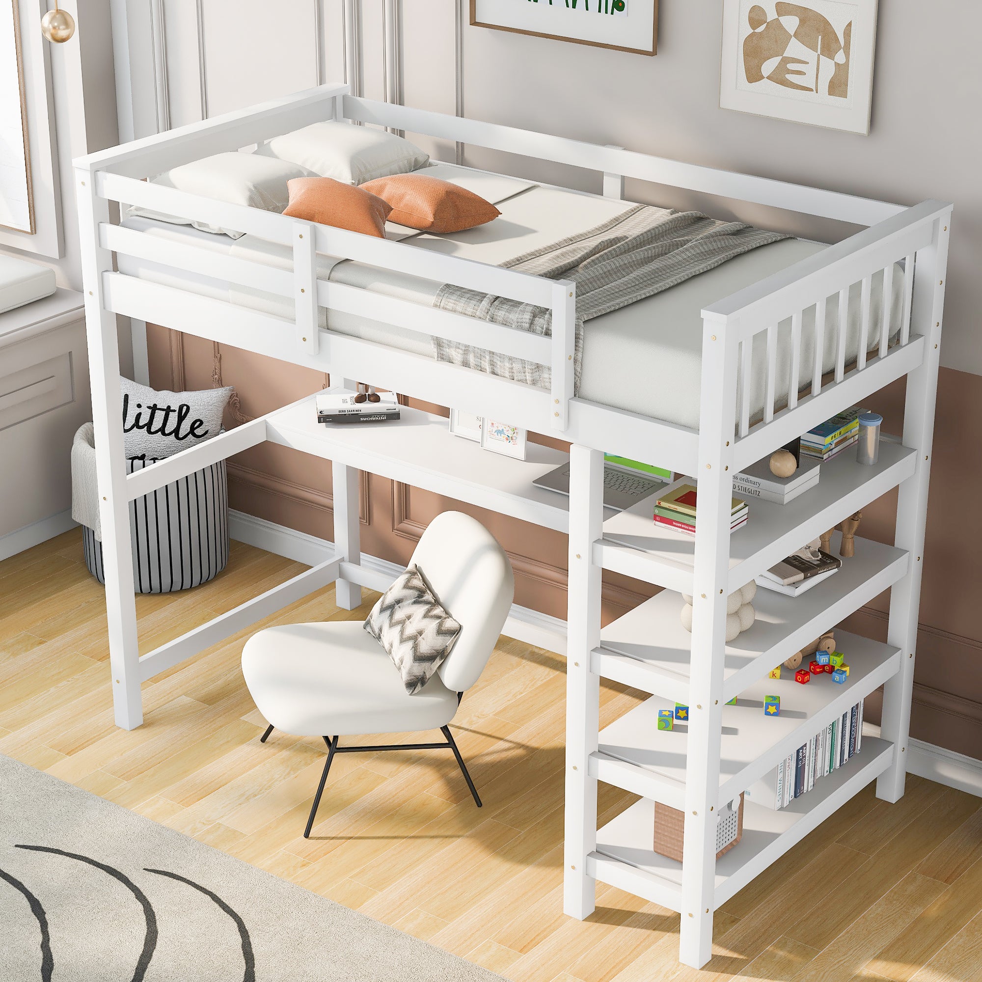 Twin Size Loft Bed with Storage Shelves and Under-bed Desk  White