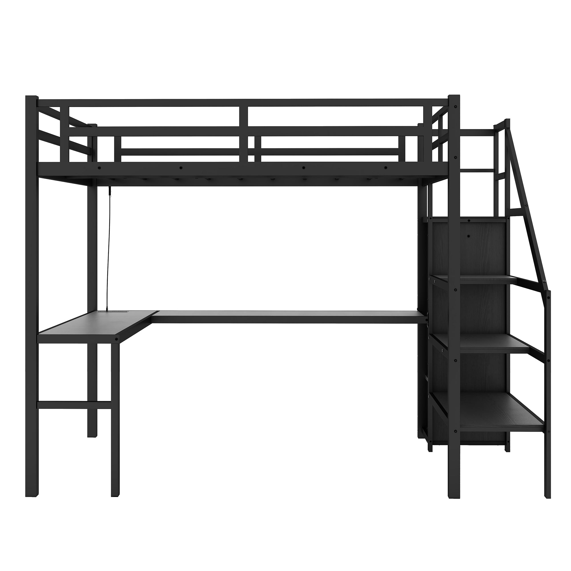 Twin XL loft bed with L-shaped desk and USB, metal loft bed with wardrobe and adjustable shelf, LED loft bed, black