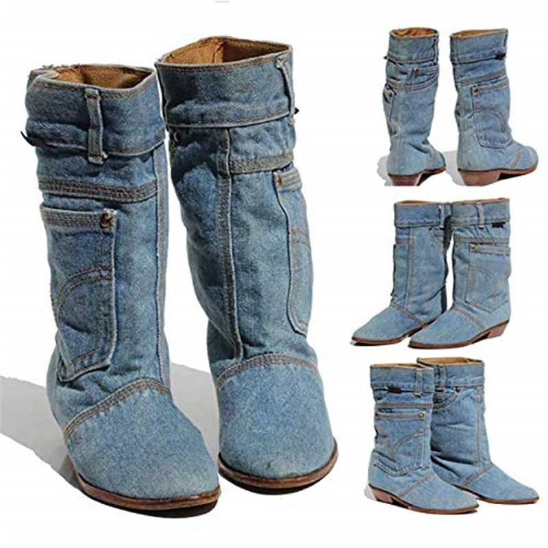 Bottes en jean décontractées à talons bas pour femmes, bottes de cowboy d'automne et d'hiver