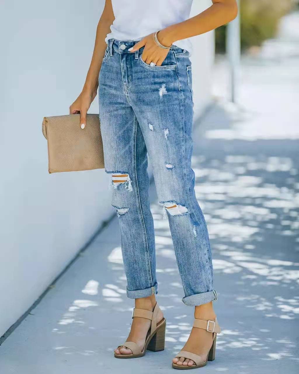 European And American Fashion Trend Ripped Jeans Women Trousers Bluet