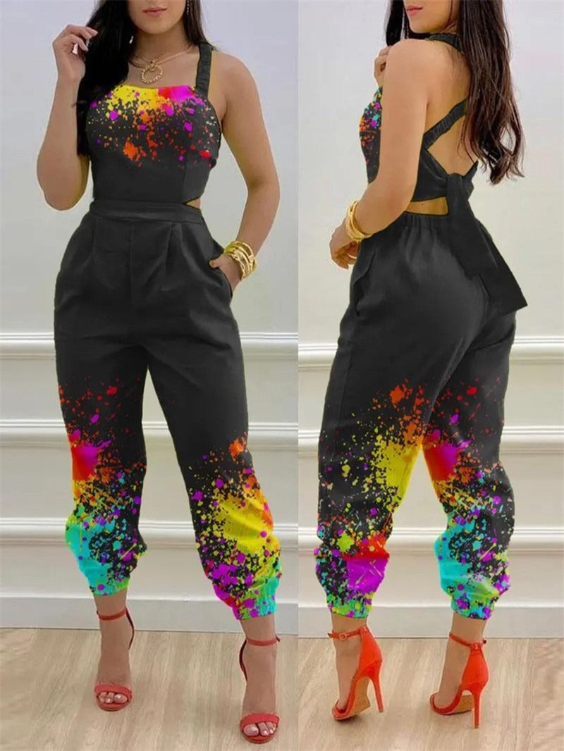 New European and American Open Back Cross Lace Up Bow Print Casual Jumpsuit