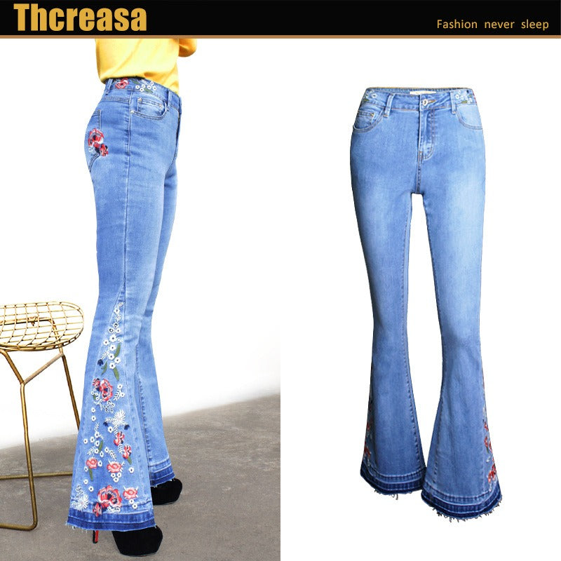 Women's Wide Leg Pants Jeans Bell Bottoms Embroidered Trousers