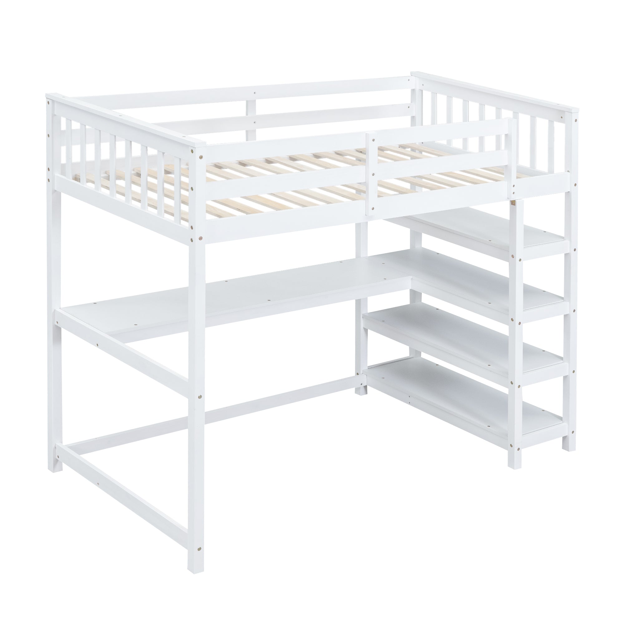 Twin Size Loft Bed with Storage Shelves and Under-bed Desk  White