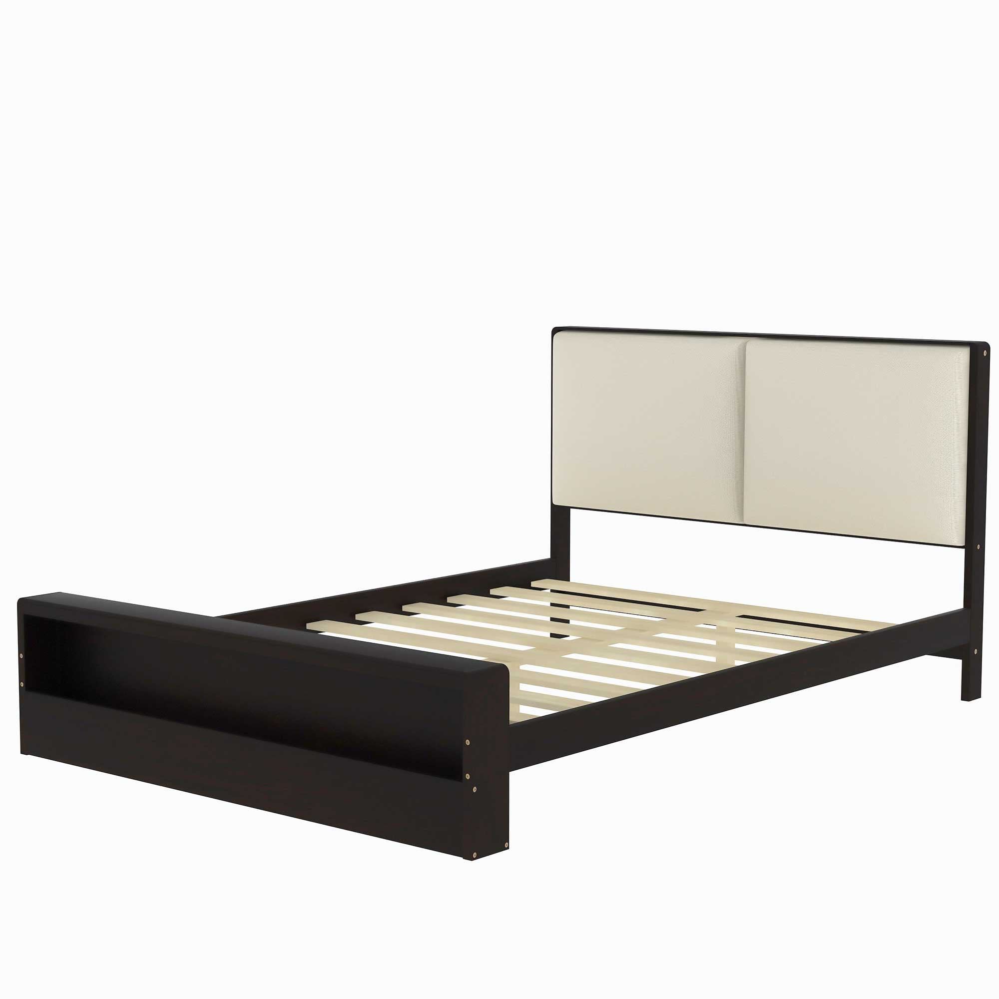 Cadre de lit plateforme Queen Size avec tête de lit rembourrée et étagère au pied de lit et bandes lumineuses à DEL, espresso