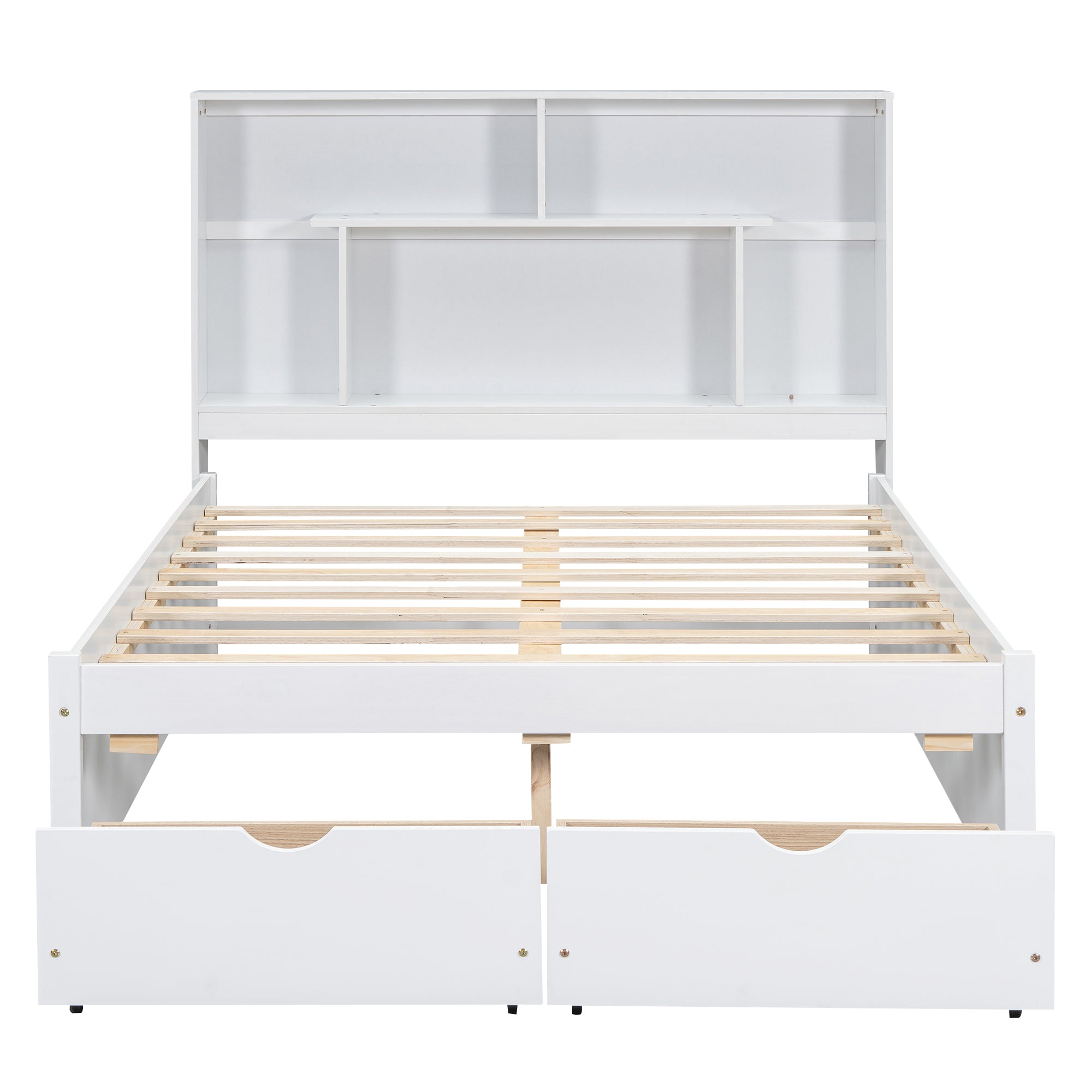 Cama de plataforma de tamaño completo con cabecera con espacio de almacenamiento y 2 cajones, color blanco