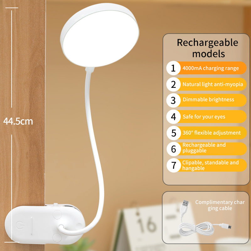 Lampe de bureau à pince pour étude avec dortoir étudiant, lampe de protection des yeux à domicile, lampe de chevet LED rechargeable pour chambre à coucher