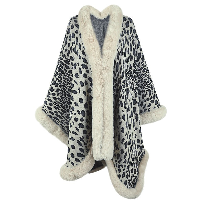 Cardigan cape à col en laine automne et hiver pull cape léopard femme