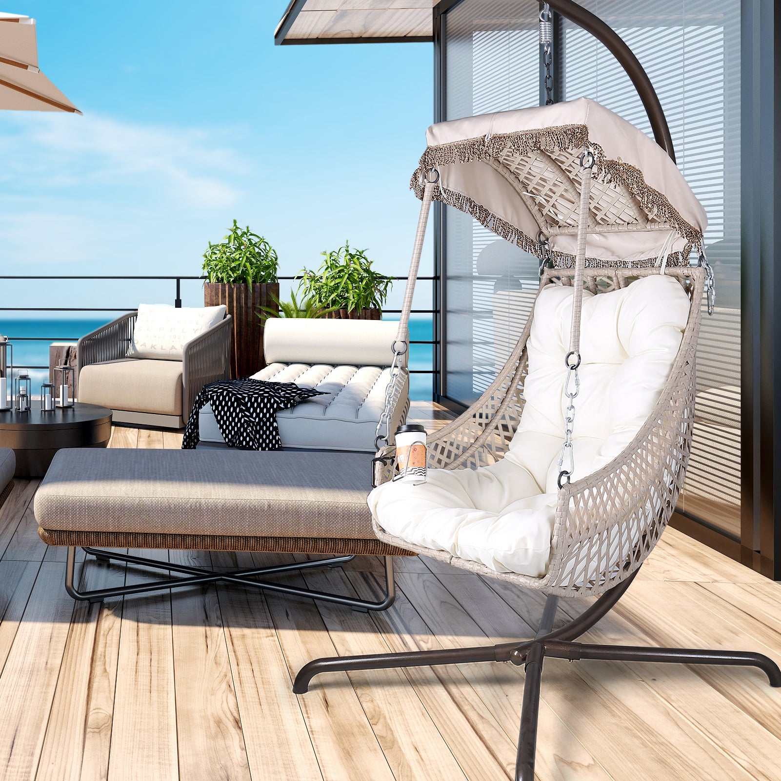 Swing Egg Chair with Stand Indoor Outdoor Wicker Rattan Frame 350lbs Capacity Hammock Chair for Patio Bedroom with Sunshade Clot