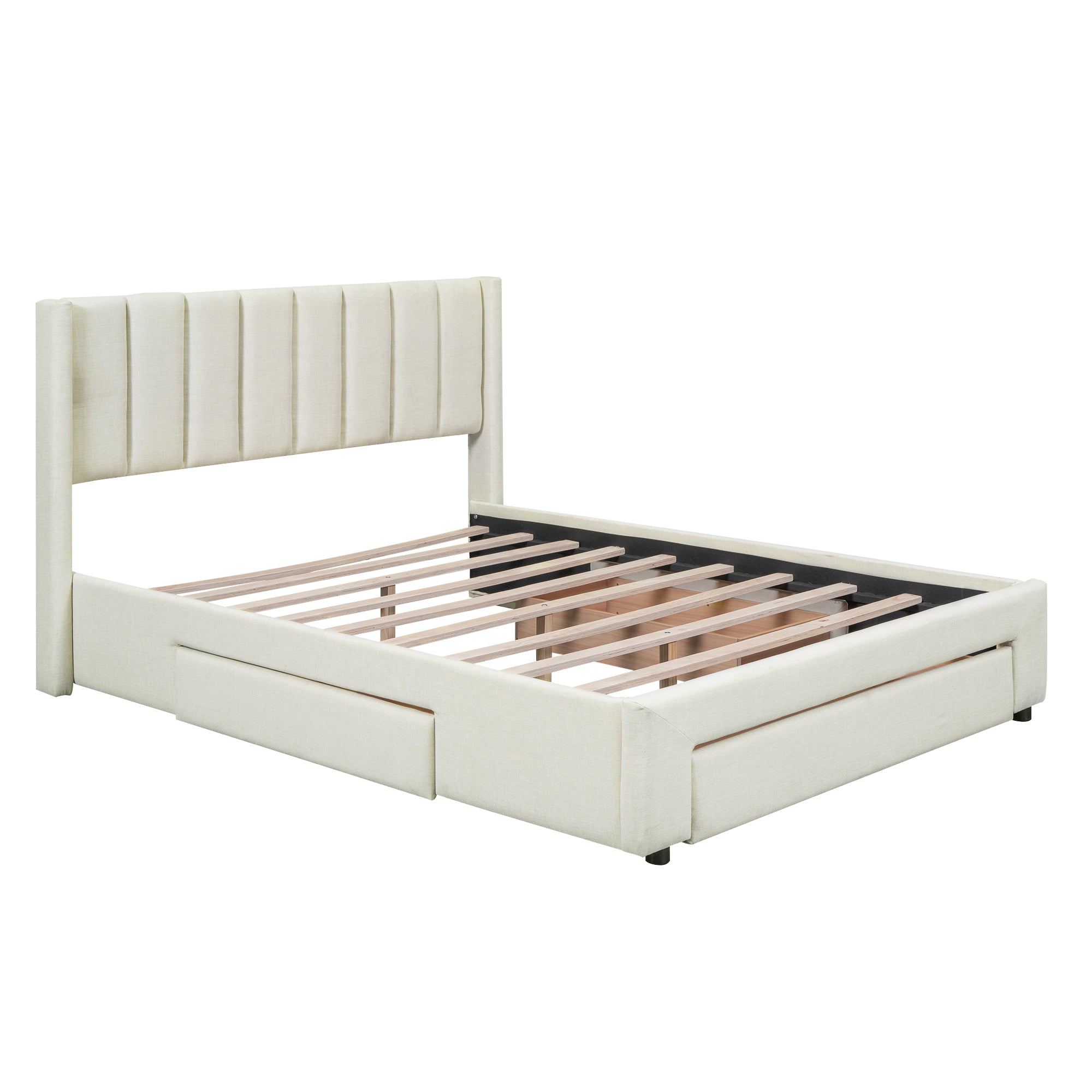 Full Size Upholstered Platform Bed with One Large Drawer in the Footboard and Drawer on Each Side Beige