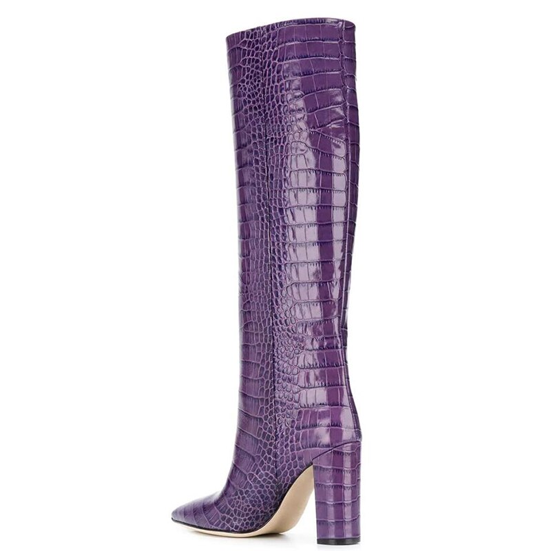 White Knee High Boots Women Purple Crocodile Embossed Boots High Block Heel Slip On Long Boot Ladies Yellow Winter Shoes