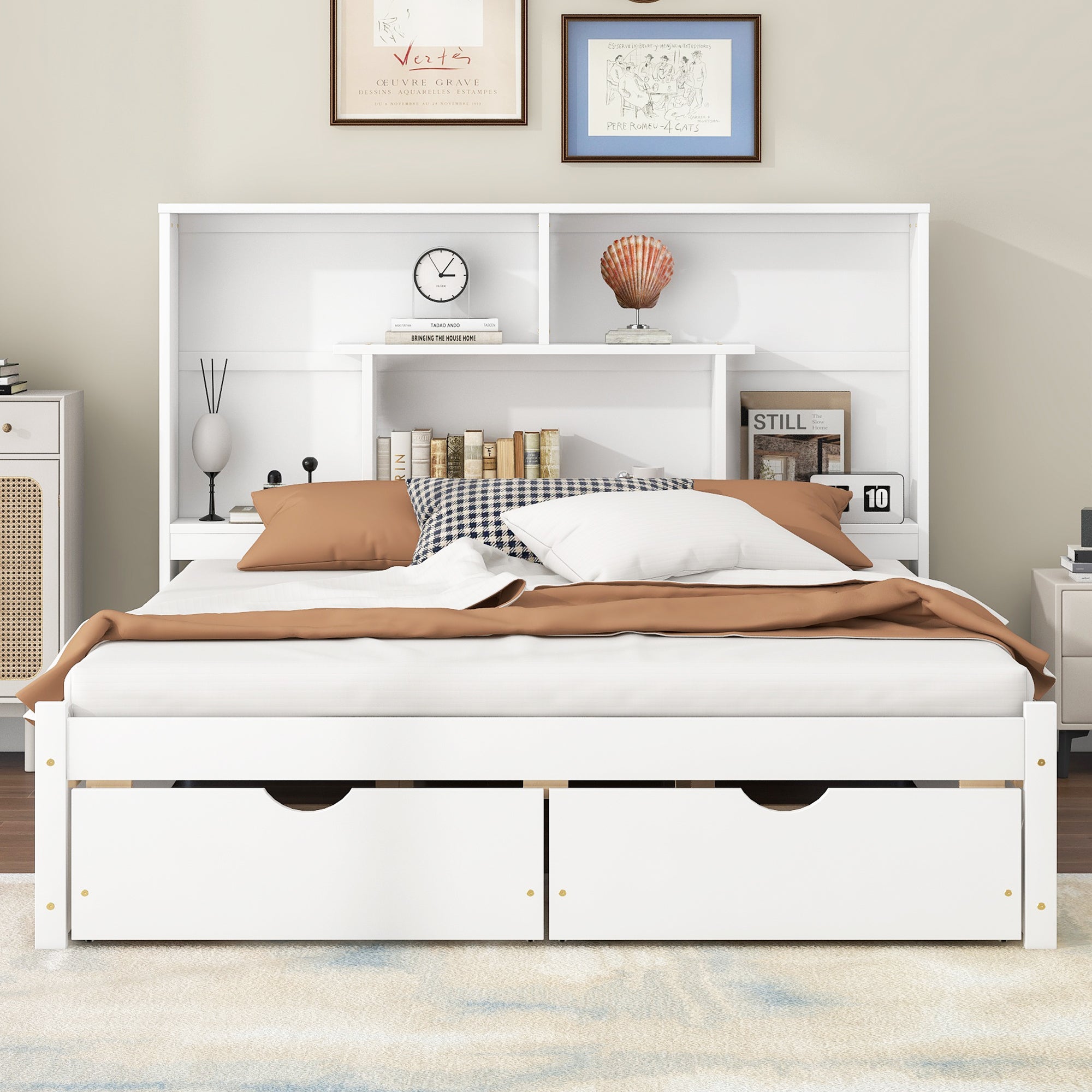 Queen Size Platform Bed with Storage Headboard and 2 Drawers, White