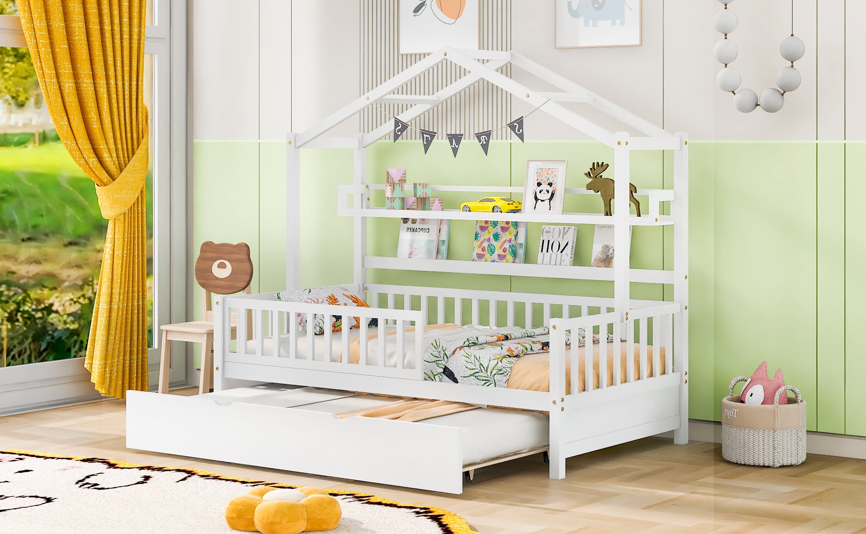 Wooden Twin Size House Bed with Trundle Kids Bed with Shelf White