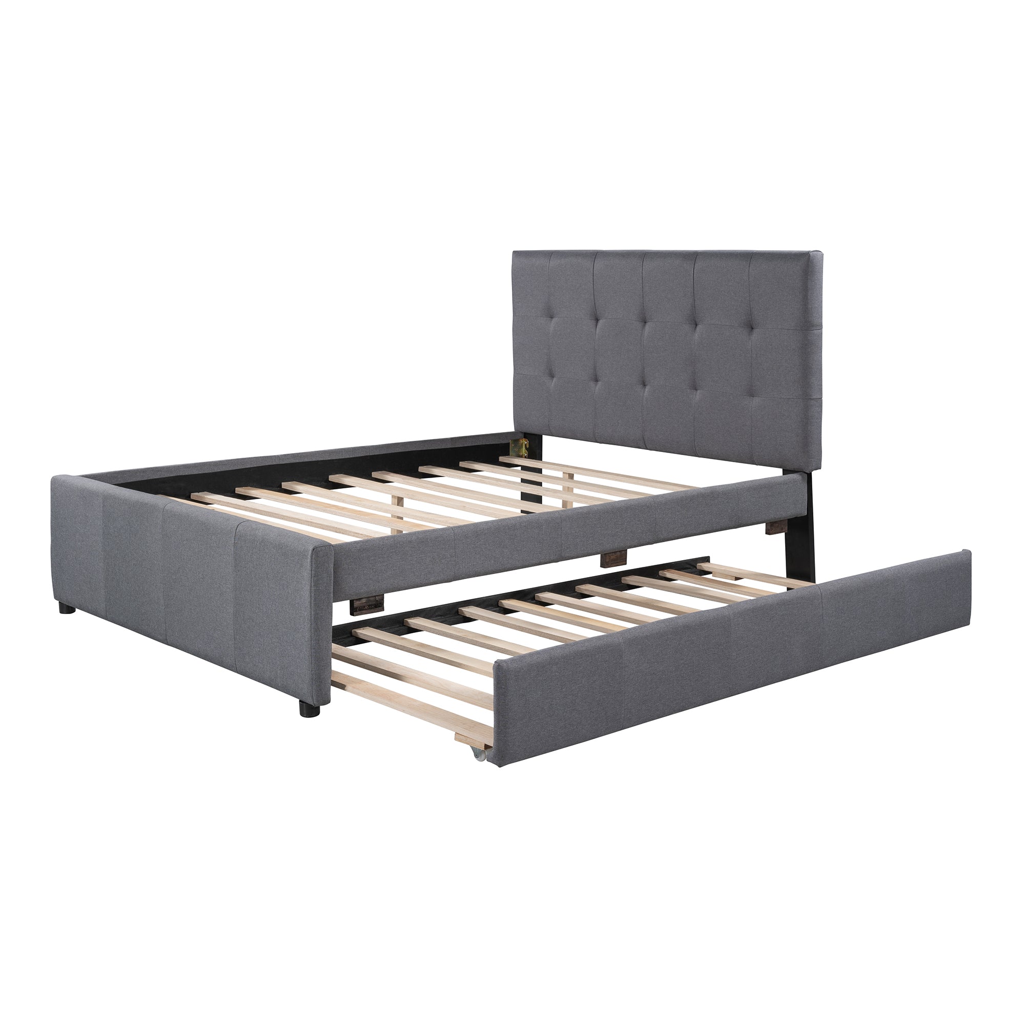 Linen Upholstered Platform Bed With Headboard and Trundle Full