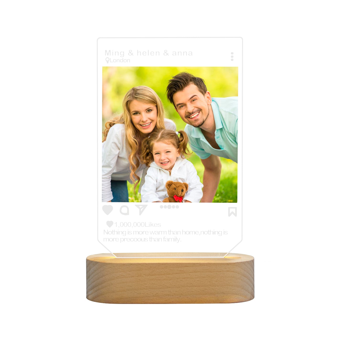 Lampe LED acrylique à base de bois massif Instafamous