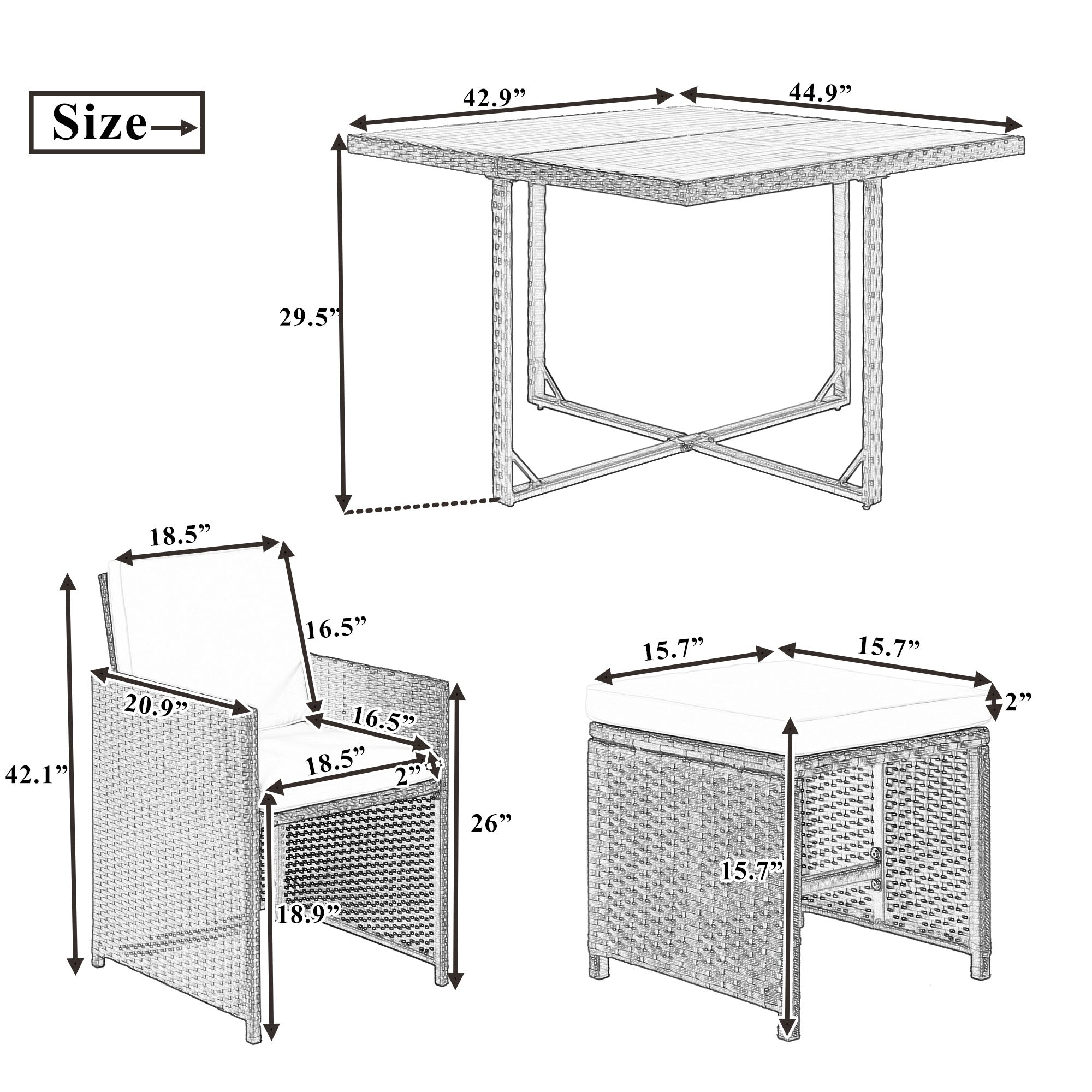 Ensemble de table à manger en osier PE toutes saisons TOPMAX Patio avec plateau en bois pour 8 personnes, rotin noir + coussin beige (9 pièces)